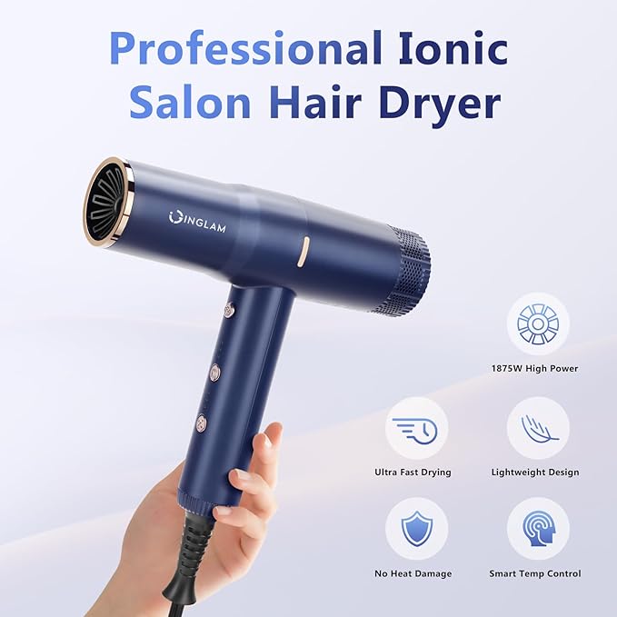 Hair Dryer, IG INGLAM 1875W Ionic Blow Dryer with Diffuser, 110, 000 RPM High-Speed Brushless Motor for Fast Drying, 3 Heat Settings & 3 Speed & Cold Settings, Low Noise