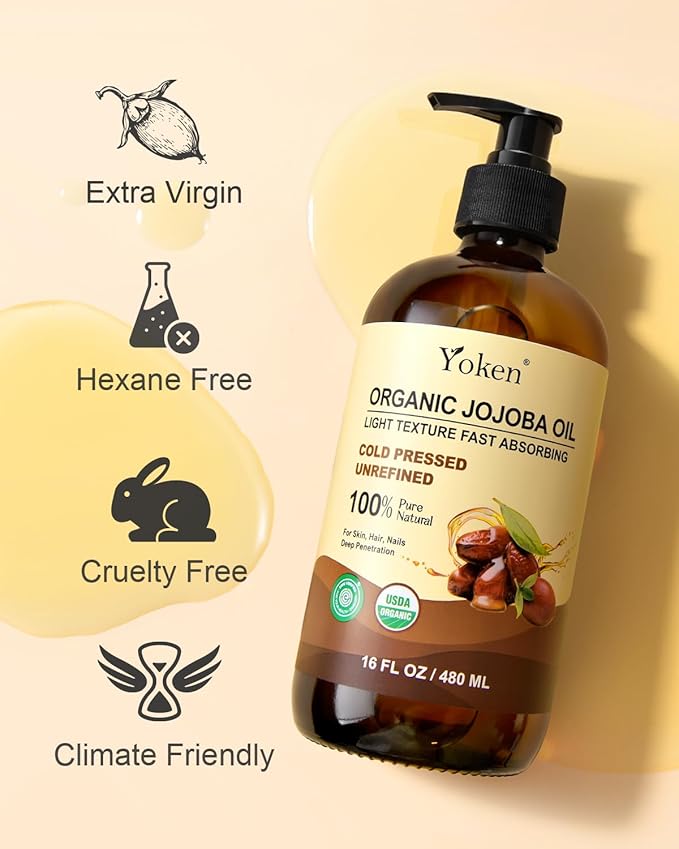 Organic Jojoba Oil Glass Bottle 16 fl oz, USDA Certified 100 Pure & Natural Jojoba Oil for Hair, Skin & Face, Cold Pressed Unrefined Hexane Free, Deeply Moisturizing Body Serum for Gua Sha