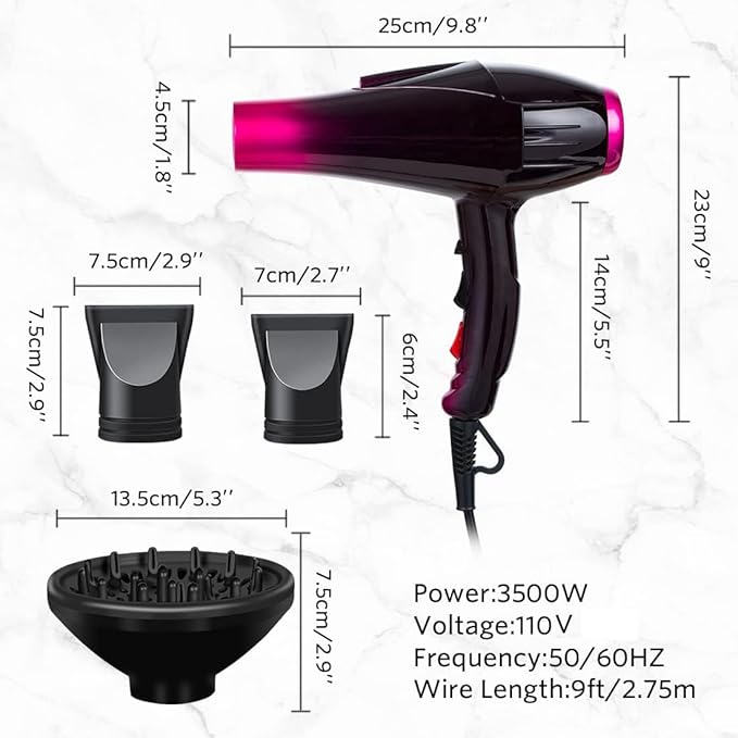 Hair Dryer, 3500 Watt Professional Salon Ionic Blow Dryer with AC Motor, 3 Heat Settings, 2 Speeds, Cool Shot Button, Tourmaline Ceramic, Concentrator & Diffuser Attachments, 110V (Purple)