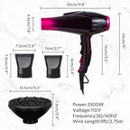 Hair Dryer, 3500 Watt Professional Salon Ionic Blow Dryer with AC Motor, 3 Heat Settings, 2 Speeds, Cool Shot Button, Tourmaline Ceramic, Concentrator & Diffuser Attachments, 110V (Purple)