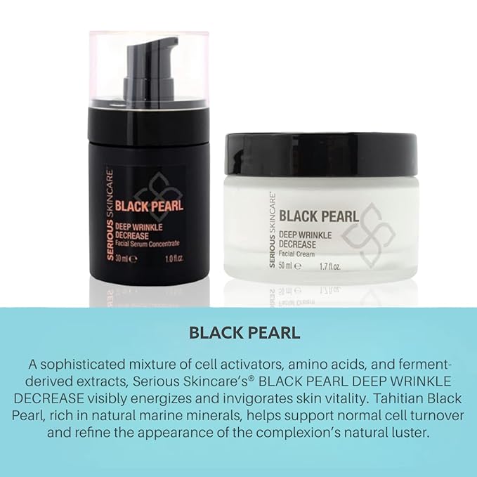 Black Pearl Deep Wrinkle Decrease Face and Neck Skin Moisturizing Duo - Facial Cream 1.7 oz and Treatment Serum for Face 1 oz - Hydrate, Brightening, Long Term Repair