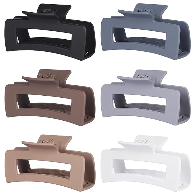 4 Inch Big Hair Claw Clips 6 Pcs Large Claw for Thick Hair Square Hair Clips for Women Rectangle Hair Clips Nonslip Acrylic Banana Jaw Clips Hair Accessories for Girls (Brown Grey)