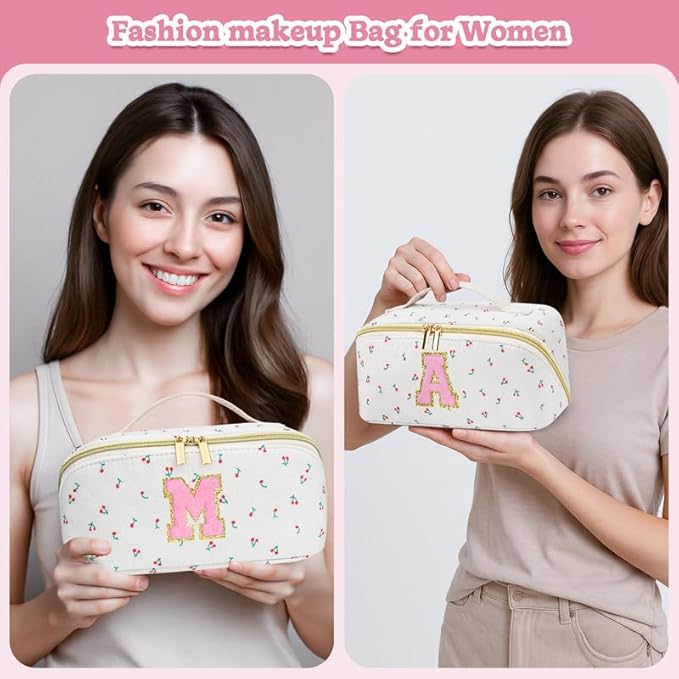 Personalized Travel Makeup Bag Set, Initial Cute Cherry Makeup Organizer Bag, Toiletry Skincare Cosmetic Bag, Valentine’s Day Gifts for Women/Girls, Open Flat Toiletry Pouch with Brush Pocket