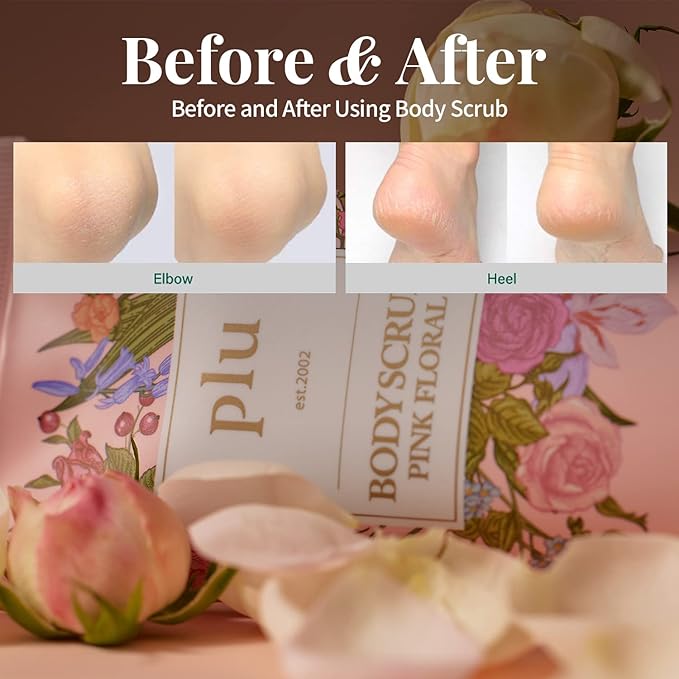 PLU Korean Walnut Body Scrub Pink Floral with Manuka Honey - Exfoliating & Moisturizing & Firming Glow - for Acne, Cellulite, Stretch Marks, Spider Veins, Fresh & Elegance Rose Scent 6.76 oz.