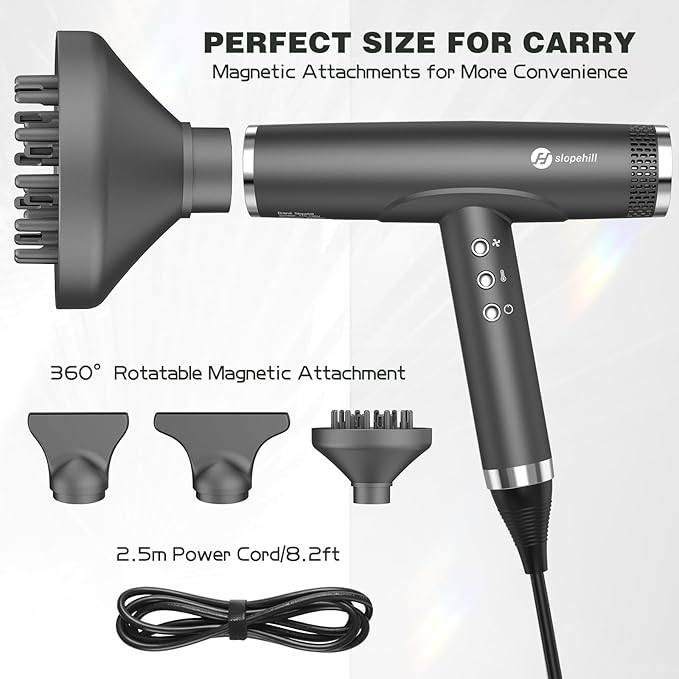 slopehill Professional Ionic Hair Dryer with Diffuser - Lightweight, Compact, Powerful & Fast Salon Blow Dryer with High Speed Brushless Motor for Travel, Women & Men (Ceramic, Dark)