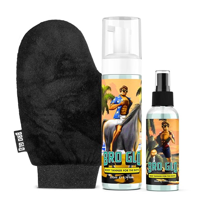 Bro Glo Self Tanner for The Boys - Starter Bundle - Easy Sunless Tan For Your Face & Body With Mitt Applicator - Oil Free Water Based for Faster Skin Drying - Natural Sun Kissed Bronze Color Perfect for Men - Gift Set (Starter Bundle)