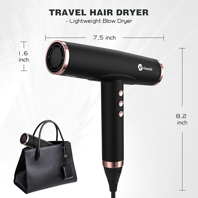 slopehill Professional Ionic Hair Dryer with Diffuser - Lightweight, Compact, Powerful & Fast Salon Blow Dryer with High Speed Brushless Motor for Travel, Women & Men (Ceramic, Black)