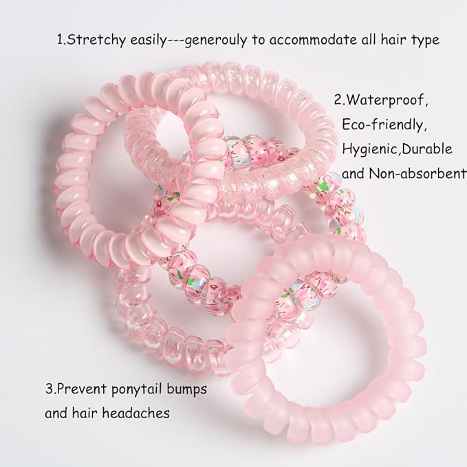 25pcs Spiral Hair Ties,Elastic Coil Hair Tie for Women Girls,No Crease No Damage Telephone Wire Cord Hair Ties for Thick Hair Thin Hair(Pink)