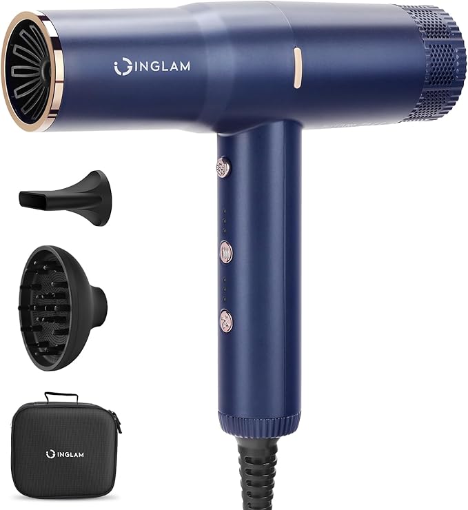 Diffuser Hair Dryer, IG INGLAM Professional Blow Dryer 110,000 RPM High Speed Brushless Motor Negative Ion Low Noise,3 Heat Settings & 3 Speed & Cold Settings, Compact Salon Ionic Hair Dryer
