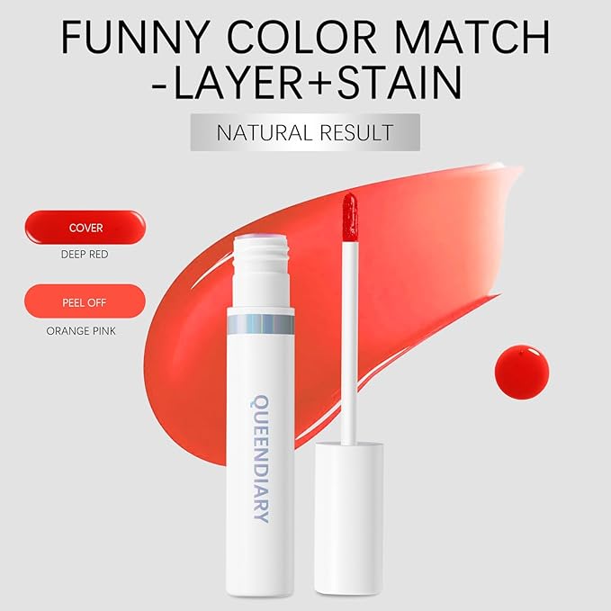 QueenDiary lip stain peel off lip gloss all day long lasting Waterproof and Transferproof lip tint - matte finish peel off lip liner (02#Playful)