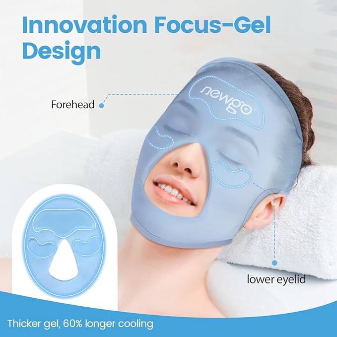 NEWGO Ice Pack Face Ice Mask for Puffy Eyes, Cooling Face Mask Reusable with Thick Gel Pad in Forehead & Eye Zones for Migraines, Post-Surgery, Redness, Allergy Swelling Pain Relief