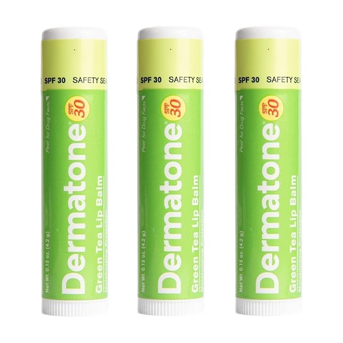 Dermatone Green Tea Lip Balm Stocking Stuffer | Moisturizing | Medicated | Aloe & Vitamin E | Soothes Chapped & Cracked Lips | SPF30 | 3-pack (Green Tea, 0.15oz)
