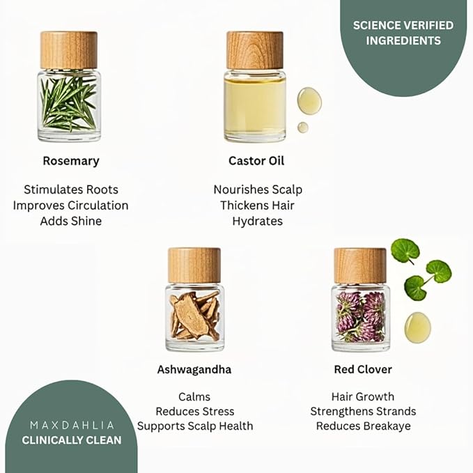 MAXDAHLIA Root Bloom All-Natural Hair Growth Serum with Ashwagandha, Rosemary, Castor Oil, White Willow Bark, Green Coffee Oils for Hair Restoration and Hair Growth