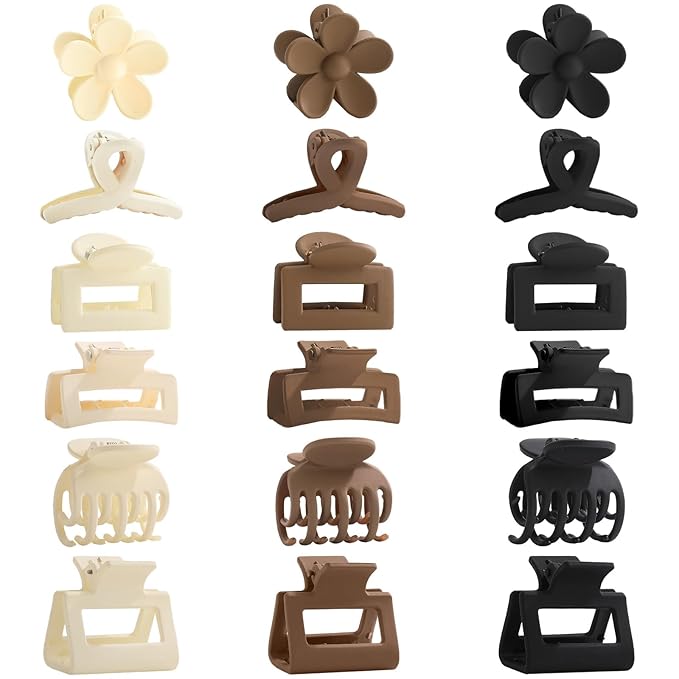 18Pcs Medium Hair Clips for Women Girls - Matte Love, Triangle, Ribbon and Semicircle Styles for Thin/Thick Hair, Cute Nonslip Accessories (White, Brown, Black)