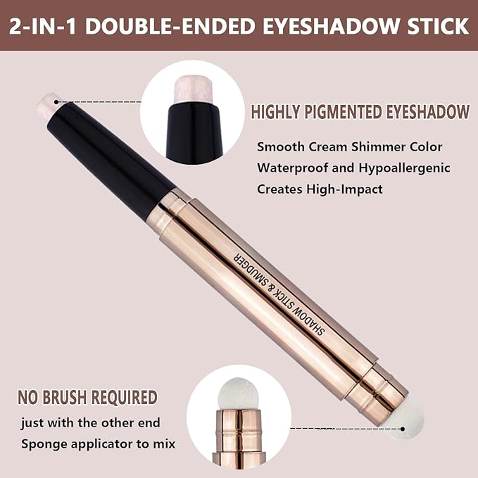 Light Gold Eyeshadow Stick Makeup, Waterproof Hypoallergenic Long Lasting Crayon, Glitter Primer Palette Shimmer Eyeliner Pen with Soft Brush