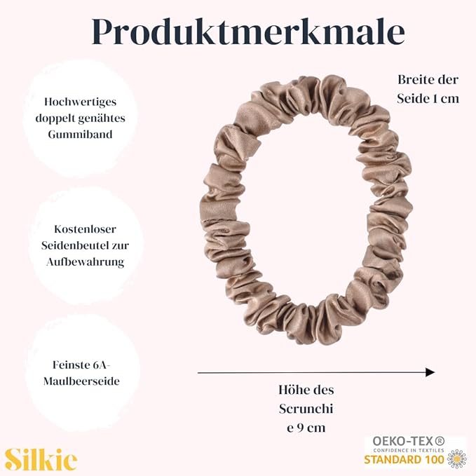 SILKIE x4 Set 100% Pure Mulberry Silk Green Skinny Scrunchies Travel Pouch Everyday Hair Ties Elastics Hair Care Ponytail Holder No Damage (Emerald)