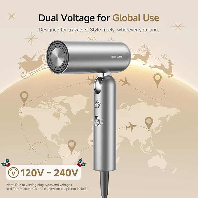Dreame Pocket Pro Hair Dryer, Dual Voltage Travel Blow Dryer with Diffuser, 1300W Professional HighSpeed Ionic Hair Blower, Fast Drying, Low Noise, Lightweight, No Heat Damage, Global Travel 120V/240V