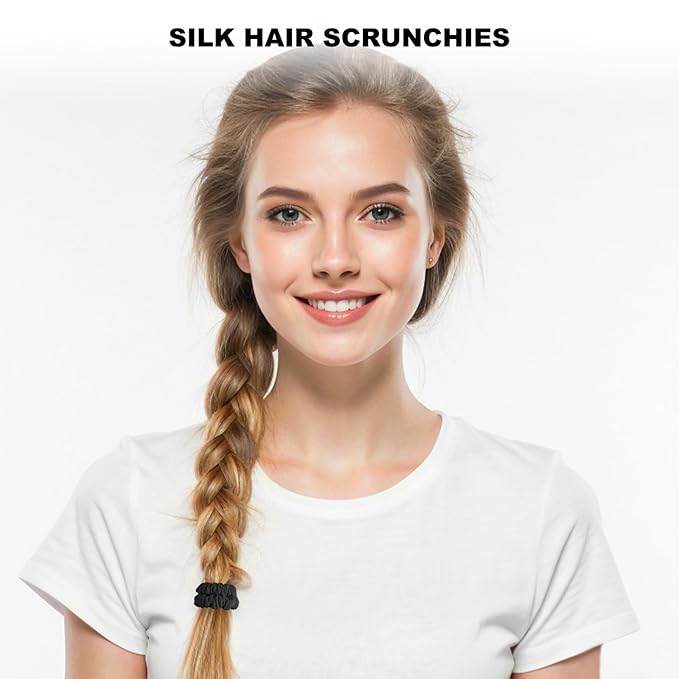 8Pcs Silk Scrunchies Hair Ties for Women & Girls, Mulberry Silk Scrunchies No-Damage Thin Satin Ponytail Holders for Hair Care