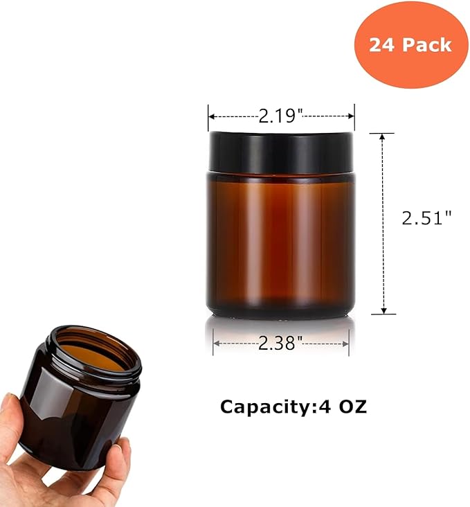 24 Pack 4oz Amber Glass Jars, Round Empty Cosmetic Jars with with Black Lids and Inner Liners, Reusable Glass Travel Containers for Homemade Creams, Candle, Skincare, Lotion