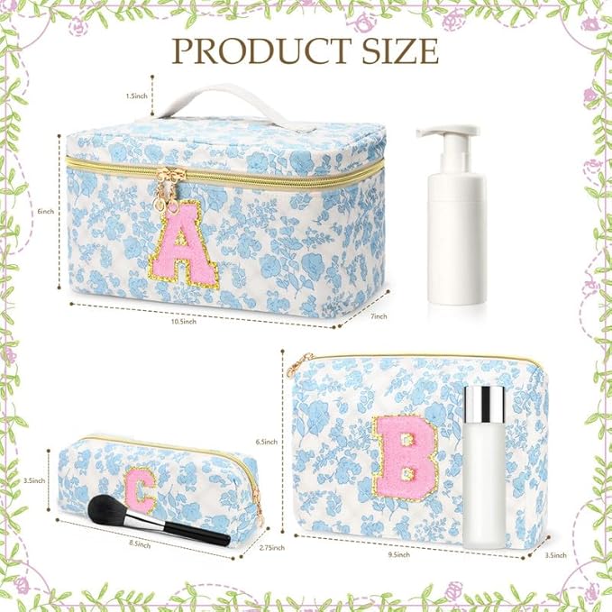 3 PCS Travel Makeup Bag Set, A–Z Initials Cotton Quilted Cosmetic Bag for Women & Preppy, Personalized Toiletry Bag Travel Accessories Makeup Brushes Organizer, Valentine’s Day & Birthday Gift for Her