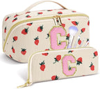 Personalized Travel Makeup Bag Set,Initial Travel Strawberry Makeup Organizer Bag,Toiletry Skincare Cosmetic Bag, Valentine's Day Gifts for Women/Girls/Teen,Open Flat Toiletry Pouch with Brush Bag