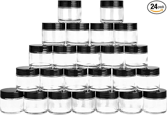 2oz Glass Jars 24 Pack, Hoa Kinh Mini Round Clear Glass Jars with Inner Liners and Black Lids, Perfect for Storing Lotions, Powders and Ointments