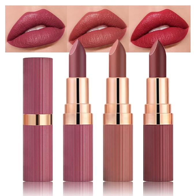 evpct 3Pcs Matte Creamy Lipsticks Set, Maroon Wine Coral Ruby Red Lip Stick Set for Women, Long Lasting Waterproof Velvet Lipsticks Blendable Silky, Longwear Lip Makeup Set 24 hours original labios 02