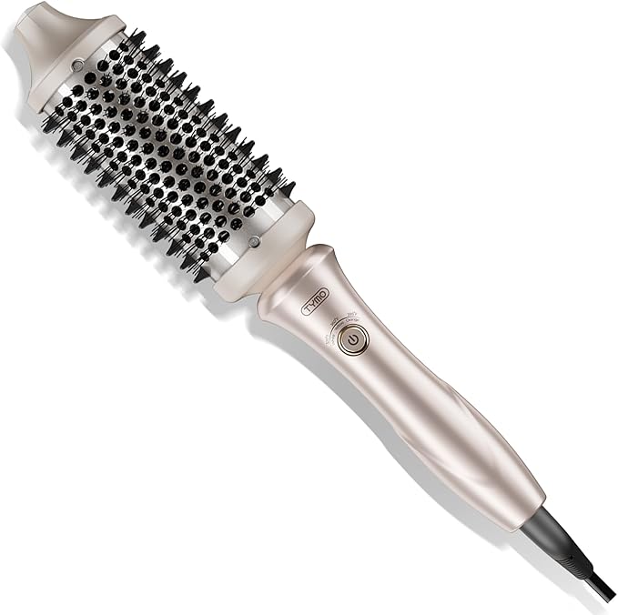 TYMO 2.0 Thermal Brush Curling Brush - STYLUX 1.7" Blowout Volumizer with Flexi-Fit for Hair Straightening, Heated Round Styler Tool, Hair Straightener and Curler 2 in 1, Dual Voltage & Light, Gold