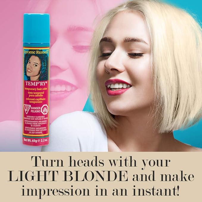 Jerome Russell Light Blonde Temporary Hair Color Spray - Intense Fast-Drying, Non-Sticky Travel Size Hair Dye for Instant Vivid Color, 2.2 oz