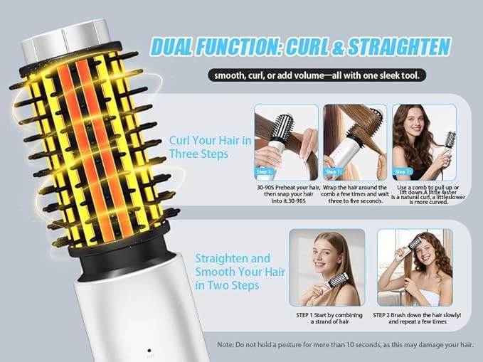 Cordless Curling Iron Brush,1.5-inch Mini Travel Curling Iron,3-in-1 Portable Heated Round Straightening Brush,Rechargeable Curlings Irons,for Curls,Straightening,De-frizzing and Styling,White