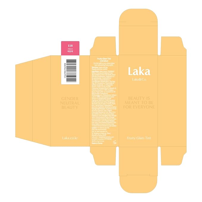 Laka Fruity Glam Tint, 4.5g/0.15oz, Glowing Lip Stain with Wide Color Spectrum, Hydrating & Lightweight Texture, Long-Lasting Bold Stain, Non-Sticky, Vegan, K-Beauty (#118 Adore)