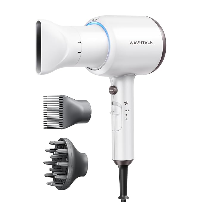 Wavytalk Hair Dryer, Blown Away Ionic Hair Dryer for Curly Hair with Diffuser, 1875W Fast Drying Blow Dryer with Ceramic Technology, 3 Attachments for All Hair Types, Light and Quiet, White