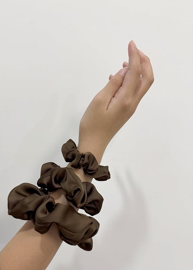 3 Pieces Satin Scrunchies Set for Hair No Crease Elastic Hair Ties for Women and Girls (Dark Brown)