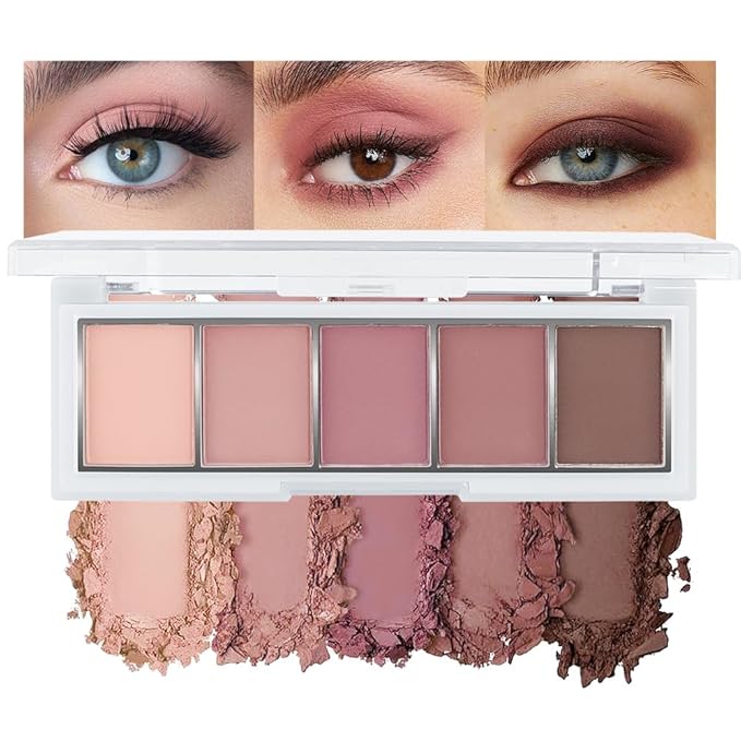 Mini 5-Color Matte Rose Nude Eyeshadow Palette – Dusty Rose, Mauve Pink & Cocoa Brown Neutral Matte Eye Shadow, High Pigment Blendable Long-Lasting Soft Glam Pink Brown Makeup for Daily Natural Looks
