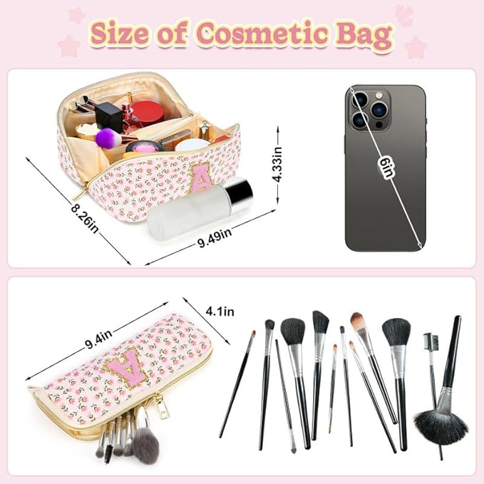 Personalized Travel Makeup Bag Set,Initial Travel Cute Floral Makeup Organizer Bag,Toiletry Skincare Cosmetic Bag,Valentine’s Day Gifts for Women/Girls,Open Flat Toiletry Pouch with Brush Pocket-S