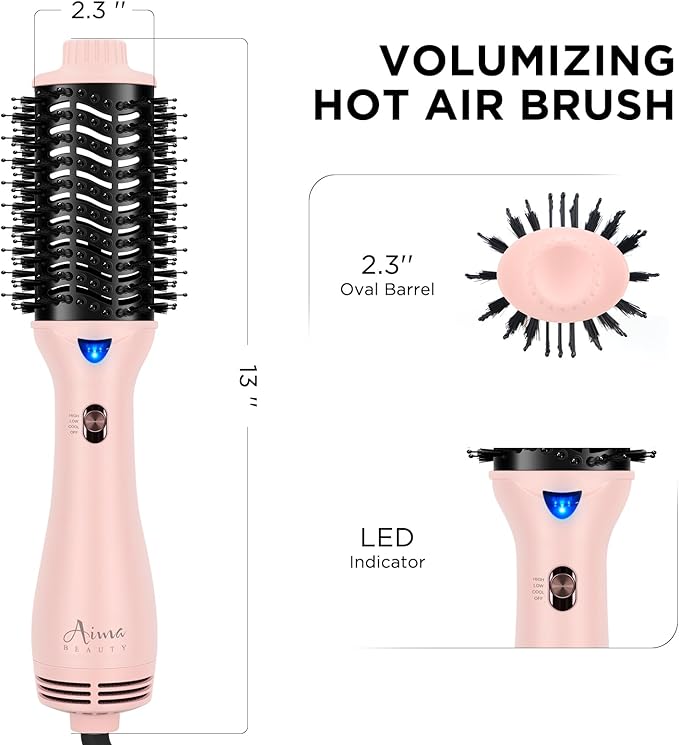 Aima Beauty Blow Dryer Brush - Ionic Ceramic Hot Air Brush for Frizz-Free Straightening & Voluminous Blowout, 2.3‘’/ 60mm Oval Barrel with Nylon Bristles, 360 Surrounded Vent, 3 Heat Settings, Pink