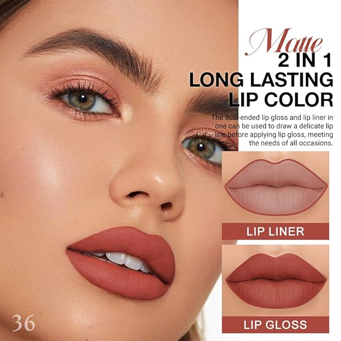 evpct 1Pcs Reddish Brown Matte Lip Liner and Liquid Lipstick Stain Makeup Set for Women, Cranberry Red Long Lasting Smudge Proof Lipstick labiales matte mate larga duracion listip 24 hours originales