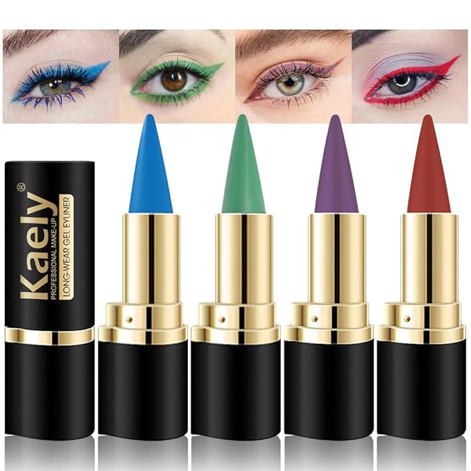 Kaely 4Pcs Light Blue Green Purple Red Gel Eyeliner Pencil,Cream Waterproof Smudge Proof Eye Liner,Halloween Makeup,Eye Black Face Paint Lipstick Crayon,Color Colorful Eyeliner Eyeshadow Stick