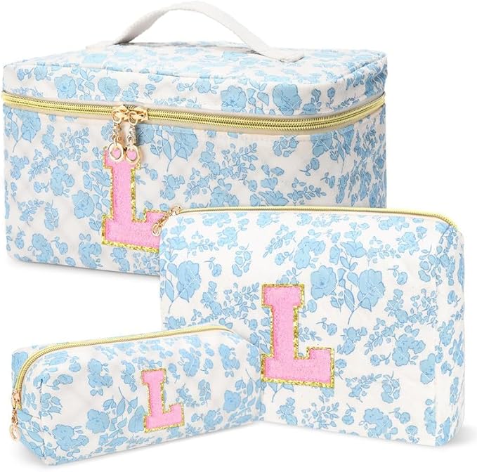 3 PCS Travel Makeup Bag Set, A–Z Initials Cotton Quilted Cosmetic Bag for Women & Preppy, Personalized Toiletry Bag Travel Accessories Makeup Brushes Organizer, Valentine’s Day & Birthday Gift for Her