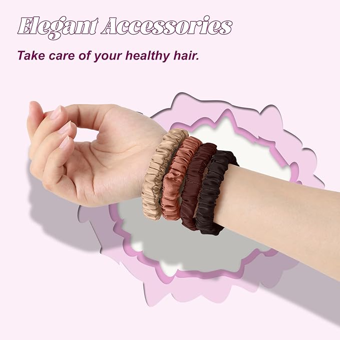 8Pcs Mulberry Silk Scrunchies & Hair Ties - No Crease Skinny Scrunchies Elastic Set for Women All Hair Types, Reduces Breakage (Earth Tones)