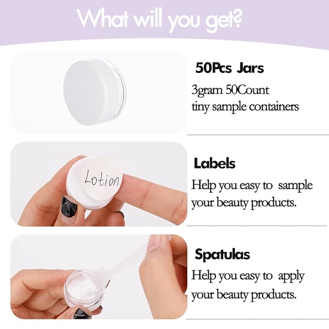 3 Gram Sample Containers With Lids, 50 Count Tiny Jars, Empty Lip Balm, Mini Cosmetic Makeup Travel Containers With Labels, Mini Disposable Spatulas