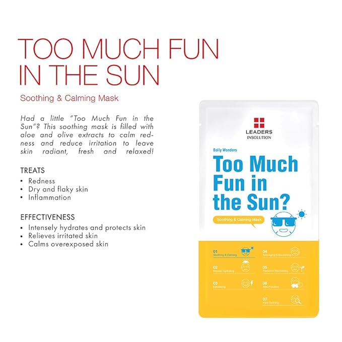 Leaders Insolution Daily Wonders Too Much Fun in the Sun? Facial Mask Sheet Soothing and Calming Hydrating Korean Skincare (10 Sheets)