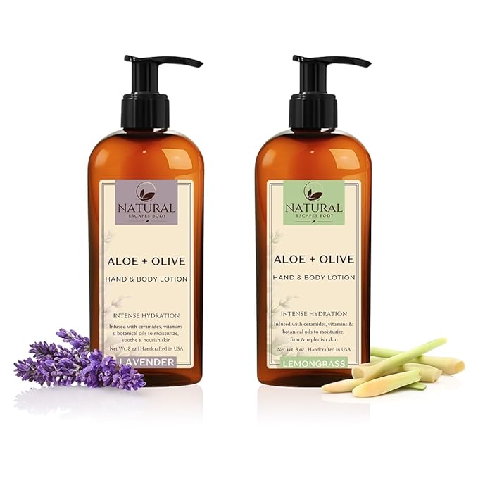 Natural Escapes Lavender & Lemongrass Body Lotion 2-Pack – Hydrating Hand & Body Moisturizer for Dry Sensitive Skin – Vegan Plant-Based Lotion with Ceramides, Aloe Vera & Vitamins – 8oz Each