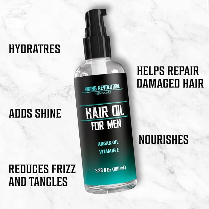 Viking Revolution Hydrating Hair Oil for Men - Mens Hair Oil Men with Vitamin E Dry Hair Oils with Argan Oil - Sunflower Seed Oil Hair Serum Repair, Hidrate Hair Treatment Oils (3.38 fl Oz)