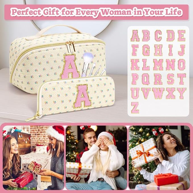 Personalized Travel Makeup Bag Set, Initial Travel Cute Floral Makeup Organizer Bag, Beige Toiletry Skincare Cosmetic Bag, Valentine’s Day Gifts for Women/Girls, Open Flat Toiletry Pouch Brush Bag