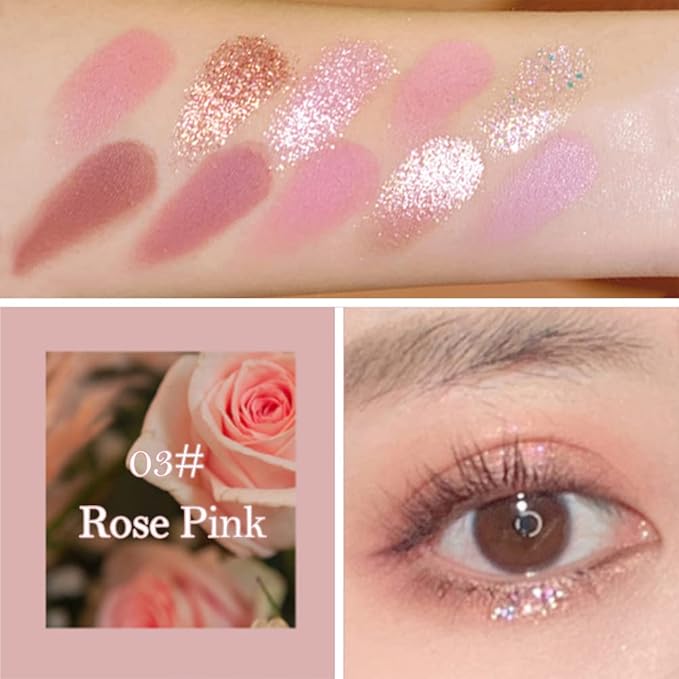 Erinde 10 Colors Eyeshadow Palette Makeup - Matte Shimmer Glitter Eye Shadow, Natural-Looking Korean Eye Makeup, Ultra-Blendable, High Pigmented, Pink Christmas Eyeshadow Palette with Brush, Rose Pink