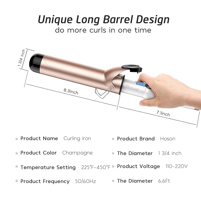 Hoson 1 3/4 Inch Curling Iron Large Barrel, 1.75 Long Barrel Curling Wand Dual Voltage, Ceramic Tourmaline Coating with LCD Display, Glove Include