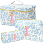 3 PCS Travel Makeup Bag Set, A–Z Initials Cotton Quilted Cosmetic Bag for Women & Preppy, Personalized Toiletry Bag Travel Accessories Makeup Brushes Organizer, Valentine’s Day & Birthday Gift for Her
