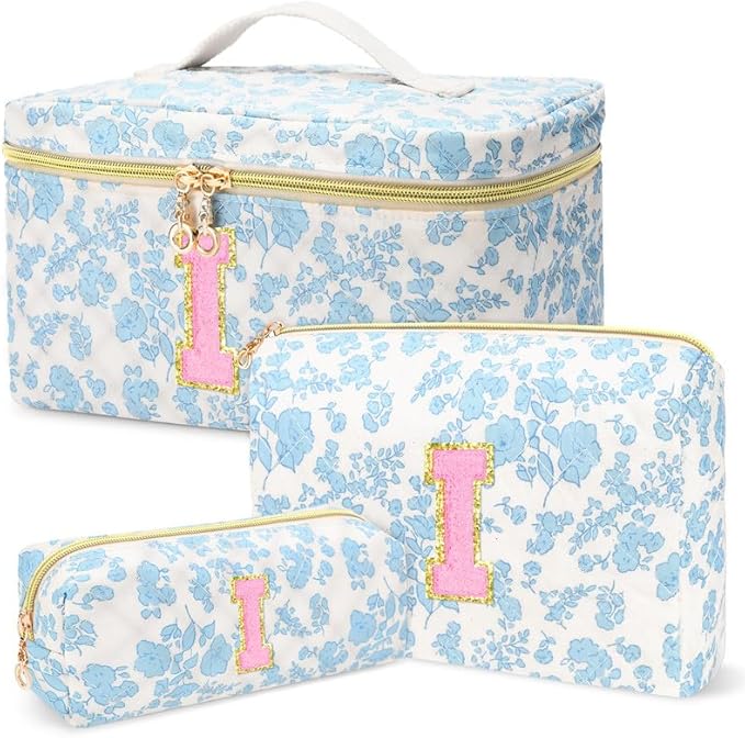 3 PCS Travel Makeup Bag Set, A–Z Initials Cotton Quilted Cosmetic Bag for Women & Preppy, Personalized Toiletry Bag Travel Accessories Makeup Brushes Organizer, Valentine’s Day & Birthday Gift for Her