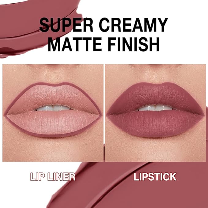 evpct Mauve Gradient Matte Lipstick Lip Liner Crayon Combo Pencil Set for Women Long Lasting Waterproof, Mauve Red Matte Cream Lip Liner and Lipstick Combo Makeup, Flawless Gradual Ombre Effect